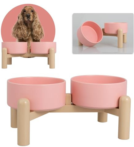 Elevated Ceramic Dog Bowl Set - Raised Dog Food and Water Bowl Set - Double Dog Bowls with Non-Slip Stand - Dog Dishes Set of 2 - Pet Bowls for Small to Medium Dogs - 2 Cups - 28.75 fl oz - Pink