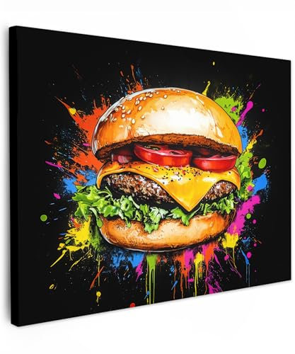MuchoWow© Bild auf Leinwand 80x60 cm Schlafzimmer Bilder Badezimmer Wand Deko Wohnzimmer Modern Wanddeko Bilderwand Geschenk Hamburger - Graffiti - Farbe - Bunt - Essen - Abstrakt