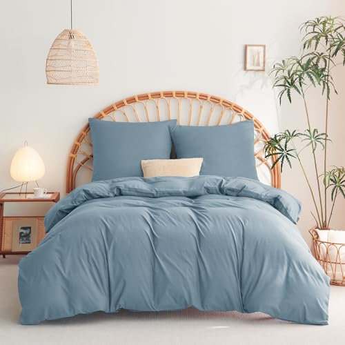 WAVVE Housse de Couette 200x200 cm avec 2 Taies d'oreiller 65x65 cm，Parure de Lit 2 Personnes pour lit 140x190 160x200 avec Fermeture Éclair Sets de Housse Couette en Microfibre, Gris-Bleu 200 x 200