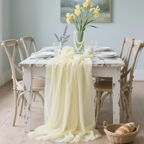 H HOMEWINS Tischläufer 305 x 70 cm aus Chiffon - Zarter Tischläufer in Hellgelb, Ideal Tischdeko für Hochzeit, Frühlingstafel, Baby Shower & Gartenparty