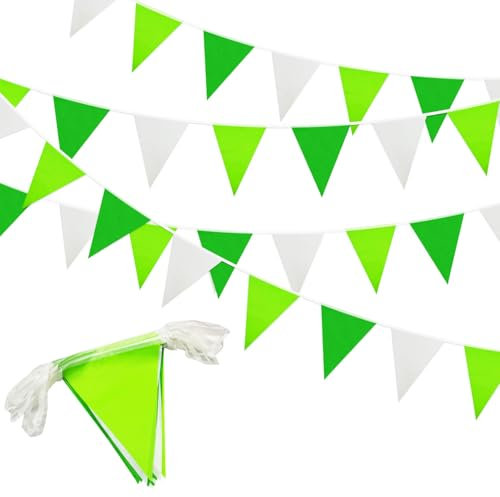 20 m lange grün-weiße Wimpelkette, 52 wiederverwendbare, wasserdichte Dreieck-Wimpelketten, ideal für Geburtstage, Hochzeiten, Verlobungen und andere Feiern