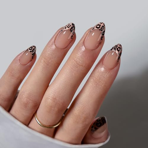 BTArtbox Press On Nails Short - Lamp-Curable Leopard French Nails Almond Ngel Zum Aufkleben with Glue for Women, Semi-Transparent Nagel Tips in 16 Größen - 32 Stück On Gel Nägel Set, Wild Cheetah