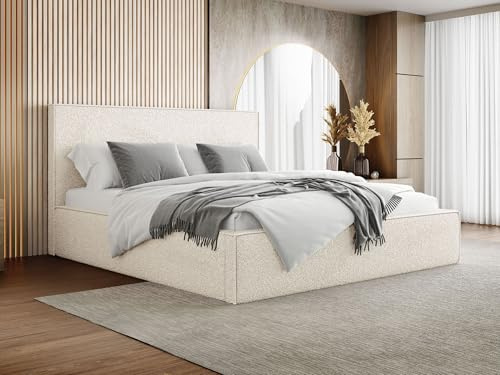 WFL GROUP Polsterbett 140x200 mit Bettkasten und Lattenrost – Weiß Bett mit hohem Kopfteil, Boucle Stoff - Modernes Doppelbett mit Stauraum – Bettgestell, ohne Matratze – Terra Slim - Creme