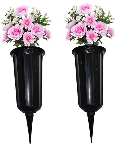 Fovasen 4 Pcs Plastic Grave Vase with Spikes, Grave Flower Pots, Cemetery Black Vase for Grave, Lawn, Yard, Garden Decoration