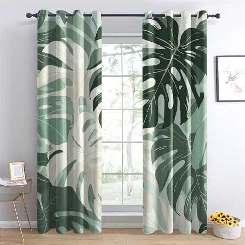 Luxfieo Monstera Vorhänge Grün Tropische Blätter Dschungel Vorhang Blickdicht Gardinen Verdunklungsvorhänge mit Ösen Thermovorhang für Wohnzimmer Schlafzimmer Fenster Deko 2er Set H 160 x B 132 cm U#3