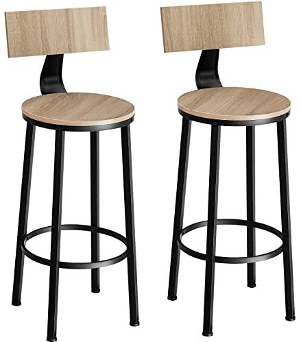 TecTake® Taburete con Respaldo, Taburete Alto Cocina con Estructura de Acero, Taburetes Madera para Isla Cocina Resistentes, Sillas de Comedor - Madera Industrial Clara, Roble Sonoma