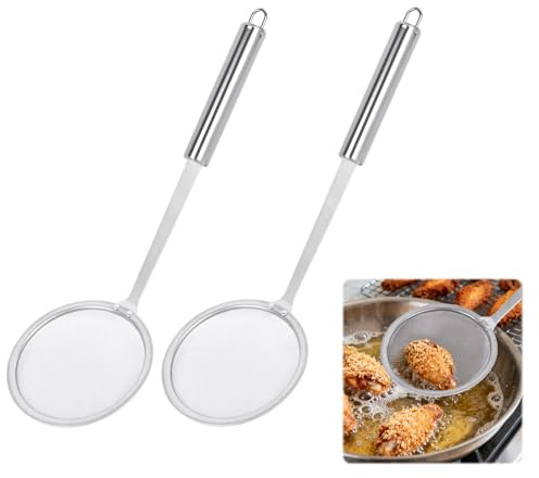 304 Stainless Steel Skimmer Spoon 2 Pack，Fine Mesh Oil Strainer & Soup Filter with Heat-Resistant Handle BPA-Free for Deep Fat Fryer, Grease, Gravy, Foam Professional Kitchen Tools Set