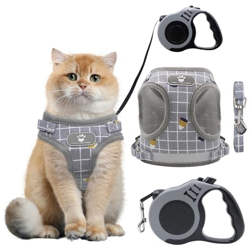 Druuzyl Katzengeschirr und Katzenleine Set, Reflektierendes Katzengeschirr, Einstellbares Weiches Atmungsaktives Mesh für Katzen und kleine Hunde, 5 m Katzenleine, Grau, S