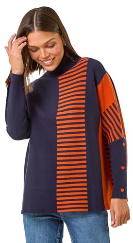 Roman Originals Stripe Colour Block Jumper for Women UK - Ladies Everyday Autumn Winter Roll Neckline Comfy Soft Evening Vacation Work Party Night Out