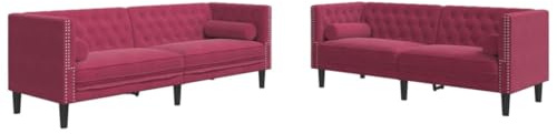 SDWEHBJ 2-TLG Chesterfield-Sofa-Set mit Nackenrollen, Wohnzimmergarnitur, Ecksofa, Bequeme Polstergarnitur für Empfangsräume, 194x74,5x70,5 cm Rot Samt