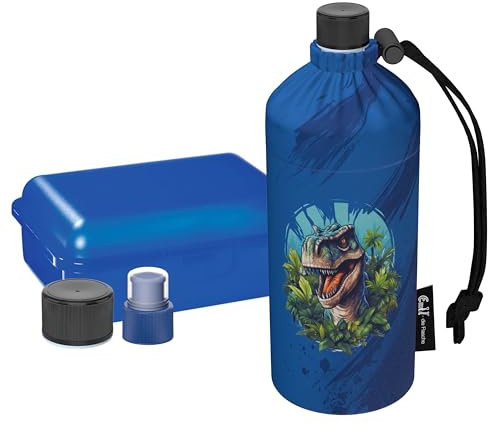 Emil Glas Trinkflasche Starterset 0,4l Dino – mit Brotbox & 3 Verschlüsse, isolierte Kinderflasche für Kita, Kindergarten & Schulstart, schadstofffrei