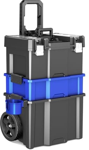 Rollbarer Werkzeugkoffer mit Rollen,Stapelbare Werkzeugkoffer Leer mit 3 Ebenen,Werkzeugkiste tragbar,Paletten-Werkzeugkiste,Mit abnehmbarem Getränkehalter,50 cm W x 31 cm D x 67 cm H