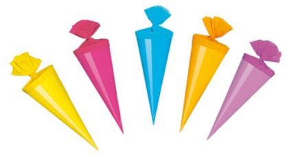 5 Deko Schultüten / Länge: 20cm / Farbe: je 1x gelb,pink,hellblau,sunshine,lila