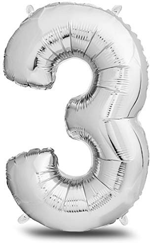 envami® Folienluftballon Zahl XXL Silber 101cm - Geburtstagsdeko Riesen Zahlenballon - Ballon Zahl Deko zum Geburtstag - fliegt mit Helium (Zahl 3)