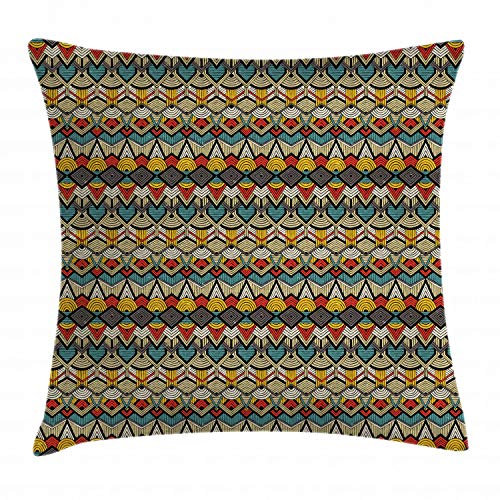 ABAKUHAUS afrikanisch Kissenbezug, Retro Grunge Geometric, Waschbar mit Reißverschluss Kissenhülle mit Farbfesten Klaren Farben Beidseitiger Druck, 50 x 50 cm, Senf Teal