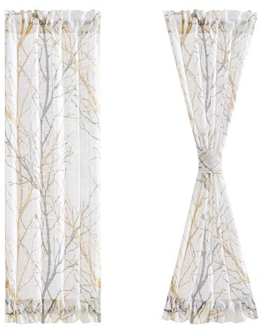 FMFUNCTEX Sheer Sidelight Front Door Curtains 40 Inches Long White Yellow Branch Tree Half Print Curtain for Patio Doors with Matching Tiebacks 24 Inches Wide 2 Panels Set