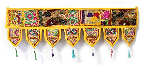 ICC valances for windows Toran Cotton Vintage Patchwork Door Hanging Valance Window Hand Embroidered Bohemian Decor Living Room Wall bedroom living room Home Handmade Decorations Yellow 42 Inches