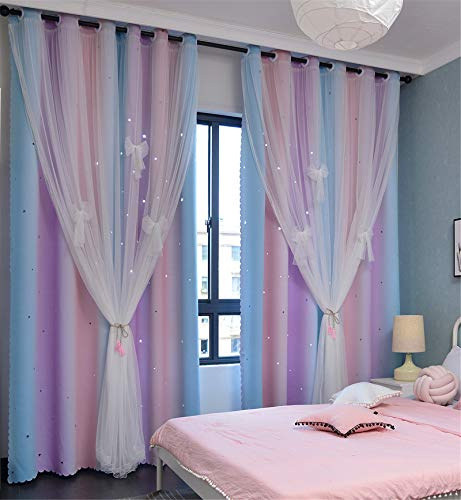 Yancorp Raumverdunkelungsvorhänge für Mädchenzimmer, Sternausschnitt, 2 Schichten, Kindervorhänge, Kinderzimmer, Fensterpaneele, Wohnzimmerteiler (Rosa, Lila, Grün, B 52 x L 72 cm, 1 Stück)