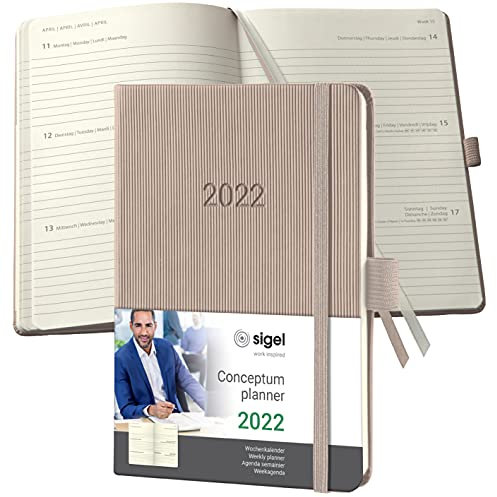 SIGEL C2261 Terminplaner Wochenkalender 2022 - ca. A6 - taupe - Hardcover - 176 Seiten - Gummiband, Stiftschlaufe, Archivtasche - PEFC-zertifiziert - Conceptum