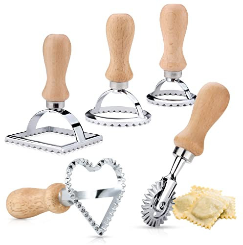 Ravioli Ausstecher Former 5er Set,4 Ravioli-Former mit Holzgriff und Pizza-Teiler, Quadratische Runde Ravioli Hersteller Rad Herz Maker Form Raviolischneider für Ravioli,Pasta, Knödel Werkzeug