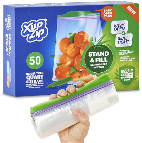 50 x Premium Food Storage Bags | UK Half Gallon Size Freezer Bags by XupZip™ | Leakproof Reusable Food Bags | Airtight Snack Bags | Heavy Duty Plastic Food Bags | BPA Free Reusable Sandwich Bags
