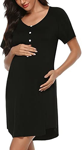 Uniexcosm Women's Maternity Nightdress Button Breastfeeding Nightwear Soft Nursing Nightgown for Pregnancy Short Sleeve Maternity Pyjamas Loungewear Black