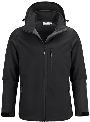 Outdoor Ventures Giacca softshell da uomo, impermeabile, traspirante, in pile con cappuccio rimovibile, antivento, per il tempo libero, per escursioni, bicicletta, campeggio, Nero , L