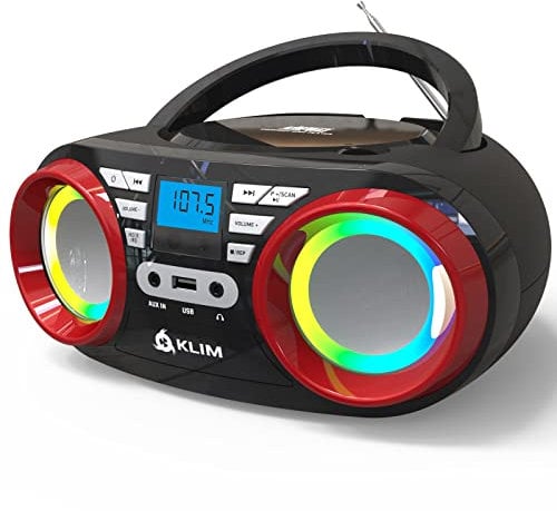 KLIM B3 Tragbarer CD Player - FM Radio, MP3, Bluetooth, AUX, USB, RGB LED - Boombox Mit Wiederaufladbarem Akku - Verbesserte CD-Laserlinse - Digitaler EQ