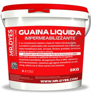 MR.DYES - Guaina Liquida Impermeabilizzante - Membrana Monocomponente Multisupporto, Vari Colori e Formati, Gomma Liquida per Tetti e Terrazzi. (6 KG, BIANCO)
