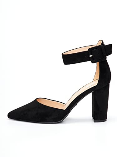 Damen Pumps, Pumps mit Riemchen, Damen Pumps mit Absatz, Schwarz, 8,5cm Blockabsatz, Riemchenpumps, Knöchelriemen, Block Heel 2062A-9-J-1 (Schwarz, 37 EU)