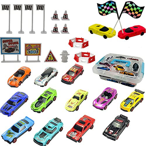 Fycooler 1:64 Die-Cast Spielzeug Fahrzeuge Geschenkset 12er Set,Mini Auto Die Cast Spielzeugautos Set with DIY Rennwagen Verkehrsschilder/Flags/Stickers/Storage Box Spielzeug Geschenkset für Kinder