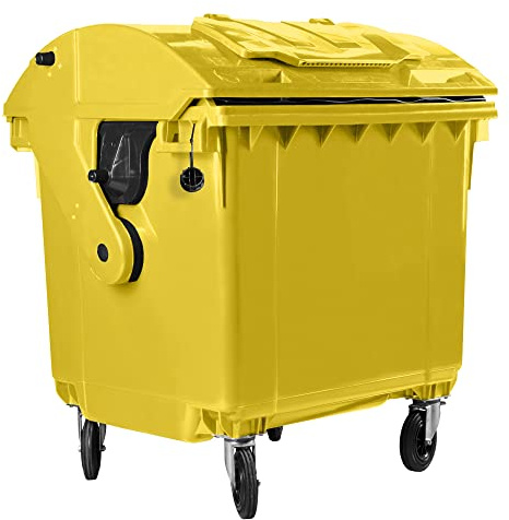 Hardwex Müllcontainer mit 4 Rädern mit Runddeckel, Deckel im Deckel, Müllgroßbehälter, Abfalltonne, Mülltonne, Volumen: 1 100 Liter, Farbe: Gelb, Größe: 1 461 x 1 370 x 1 070 mm