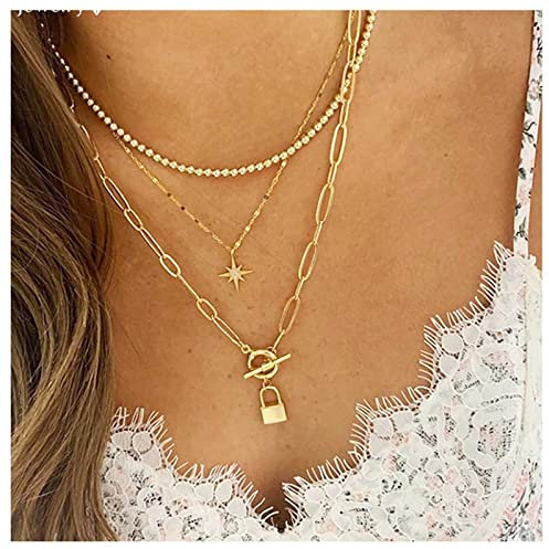 Inilbran Boho Rhinestone Cross Pendant Necklace Chain Layered Padlock Necklaces Gold Paper Clip Link Chain Necklace Vintage Satellite Chain Necklace Toggle Bar Necklace Chain Jewellery