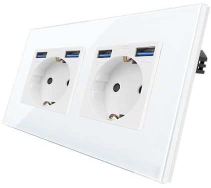 CNBINGO Glas Doppelsteckdose mit USB Ports (Max.2,1 Amp) - Zweifach Steckdose Unterputz in Weiß - Schuko Schutzkontakt Wandsteckdose mit Glasrahmen A+A-Wh