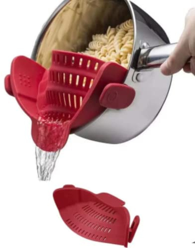 Snap Strainer Silicone Food Strainer Heat Resistant Clip On Colander Kitchen Drainer Hands Free for Pasta Spaghetti Universal Fit All Pots Bowls Red