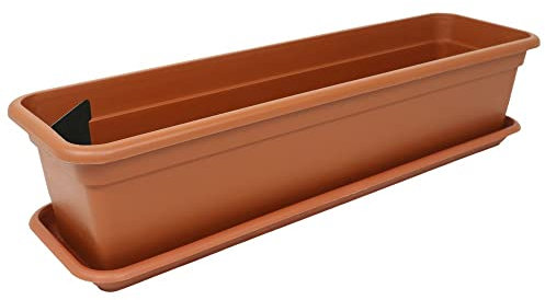 MePla -. Balkonkasten Balcony mit Bewässerung 80 cm + Untersetzer - Terra - Blumenkübel - Pflanzentopf - Pflanzenkasten aus wetterfest UV-beständigem Kunststoff