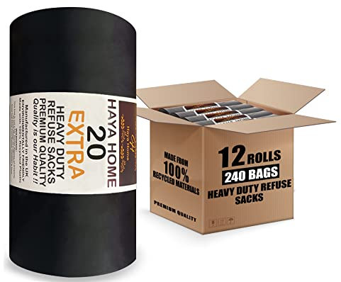 Haya Home 240 EXTRA LARGE Heavy Duty Bin Bags 100L Black Plastic Bin Liners 45 μm Refuse Sacks Ultra Strong Heavy Duty Waste Dustbin Bags for Kitchen Home Office DIY Garden Use 100% Recycled Material