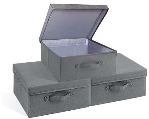 Augfox 3 Pack Collapsible Storage Box - Photo Storage Boxes, Storage Boxes with Lids Fabric for Clothes, Books, and Toys (Dark Grey, 36x32x16cm)