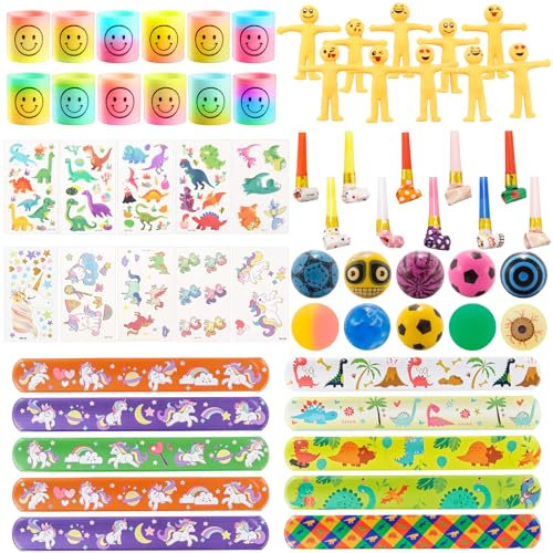 Kindergeburtstag Gastgeschenke, 62 Pcs Dinosaur Unicorn Mitgebsel Geburtstagstüten Kinder Mit Flummi Tattoo Spiralen Schnapparmband Dehnbarer Smiley-Mann Geschenktüten Kindergeburtstag Junge Mädchen