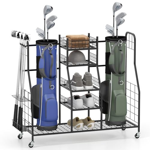 COSTWAY Golf Storage Rack, Extra Large Golf Clubs Bag Organizer with Lockable Universal Wheels, Removable Golf Club Stand and Other Golfing Equipment Rack