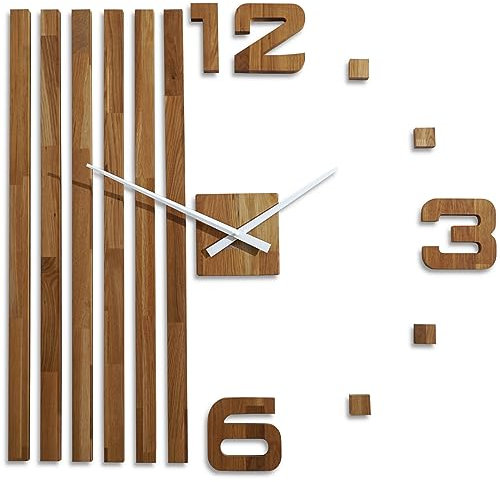FLEXISTYLE 3D Wanduhren DIY Holz Eiche Lamellen große Wanduhr 100 cm 3D Wanduhr Modern Design EKO Wanduhren Wandtattoo Dekoration Uhren für Büro Wohnzimmer Schlafzimmer (XXL 100cm weiße Zeiger)