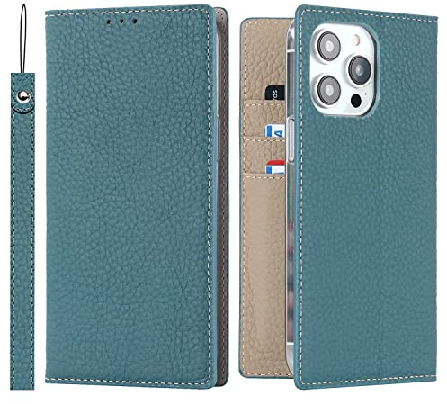 Cavor Phone Case Compatible for iPhone 15 Pro Max,Genuine Leather Flip Wallet Case,[3 Card Holders][Magnetic Closure][RFID-Blocking][Lanyard],Protective Case Cover for iPhone 15 Pro Max - Sky Blue