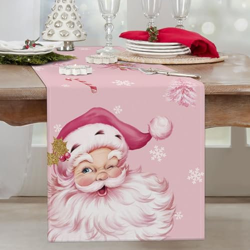 Bonhause Tischläufer Rosa Weihnachtsmann Weihnachten Bäume Tischläufer Schneeflocke Winter Küche Esstisch Dekoration für Drinnen Draußen Urlaub Party Waschbar Wohnkultur Tafeltuch (33 x 183 cm)