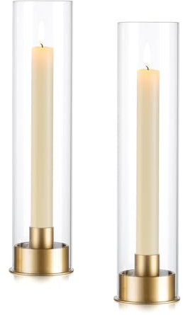 Candeldo Kerzenständer Gold Kerzenhalter Windlicht: 2er Set Kerzenleuchter Stabkerzenhalter mit Glaszylinder Hochzeit Weihnachten Tischdeko Vintage Kerzenhalter für Stabkerzen (Mattgolden)