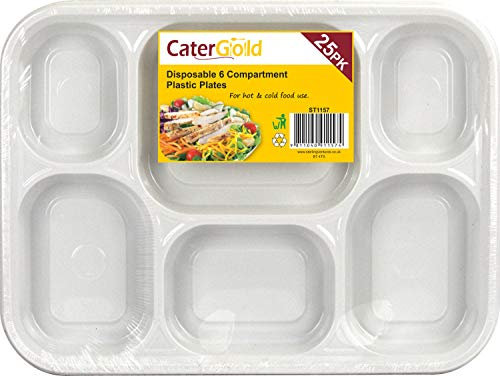 Sterling Ventures Disposable Reusable Heavy-Duty Plates Dinnerware Crockery for Birthday Parties Camping Catering for Hot & Cold Food 6 Compartment Plate (Pack of 25 Plates)