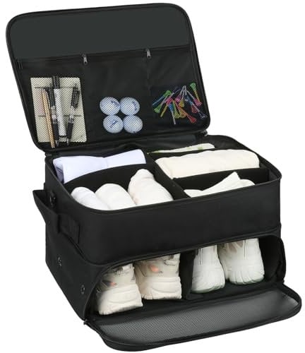 Likealot Golfkoffer-Organizer, intelligente Aufbewahrung mit 2 Schuhfächern, passend für US Herren 16, Golf-Aufbewahrungstasche für Bälle, Tees, Kleidung, Handschuhe und Zubehör (schwarz)