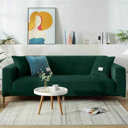 DOTBUY-SHOP Stretch Sofa Slipcover 4/3/2/1 Seater Velvet Non Slip Soft Furniture Couch Sofa Cover Washable Protector Sofa Cover for Armchair Loveseat (3 seater,dark green)