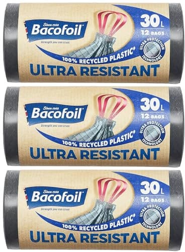 Bacofoil Ultra Resistant Bin Liners with Drawstring Handles 30L - Leak-Proof and Tear Resistant Bin Bag with Ultra Protection Technology (3 Rolls, 36 Bags)…