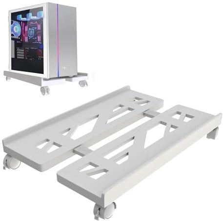 Qcdou Soporte Ajustable para CPU, Soporte para Caja PC, Soporte de Torre de Ordenador de Escritorio, Soporte Pc bajo Mesa, Soporte para PC móvil con Ruedas giratorias con Bloqueo(Blanco)