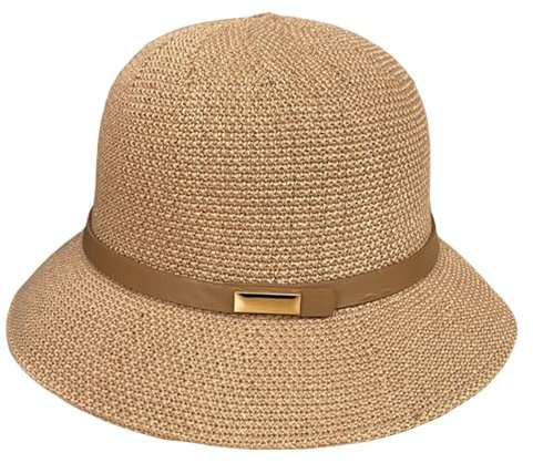 Chapeaux de Cloche d'été Femme Paille Cloche Chapeau Court-Coiffeur d'été avec Ceinture pour Les Femmes d'été Cadeau Kaki Chapeaux